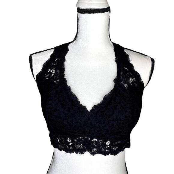 DOBREVA Other - DOBREVA Padded Floral Halter Lace Wireless Bralette Black Large Intimates Bra